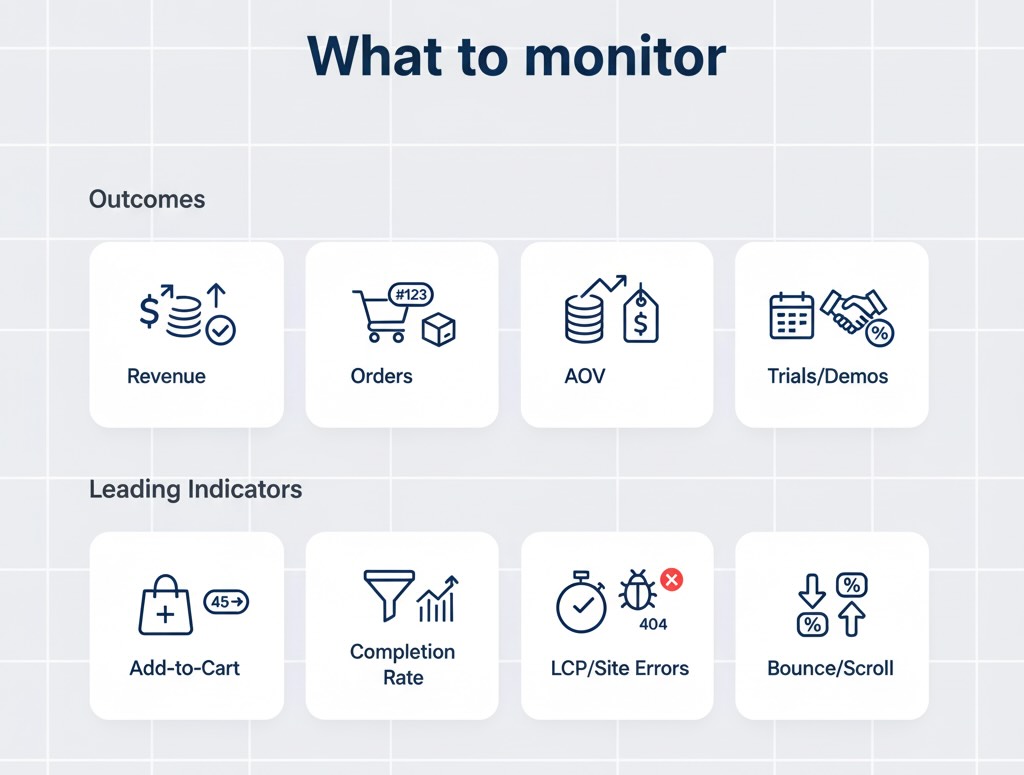 Grid of outcome metrics and leading indicators to watch for anomalies