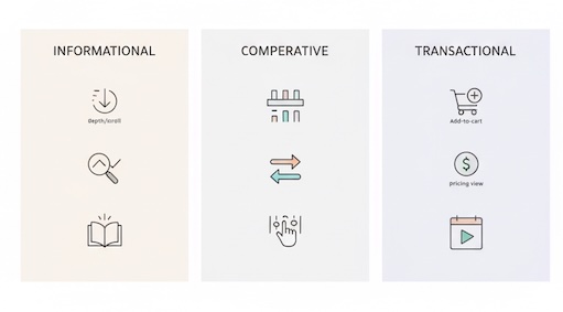 Minimal matrix mapping informational, comparative, and transactional intents to their key KPIs