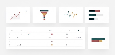 Executive-style dashboard with article cards, sparklines, a small funnel, and progress bars