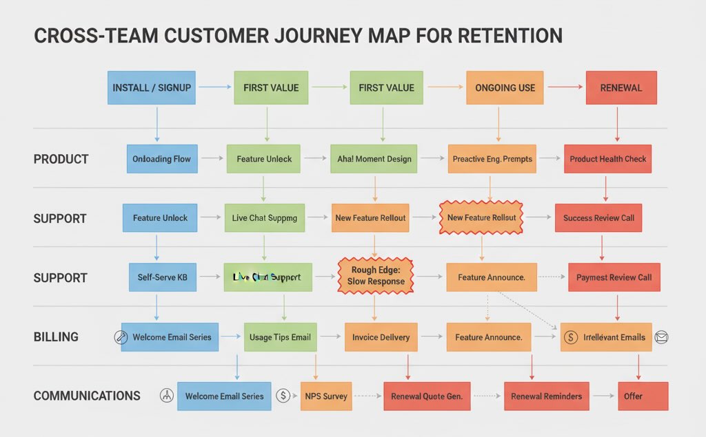 Cross-team journey map from signup to renewal with handoffs and friction points