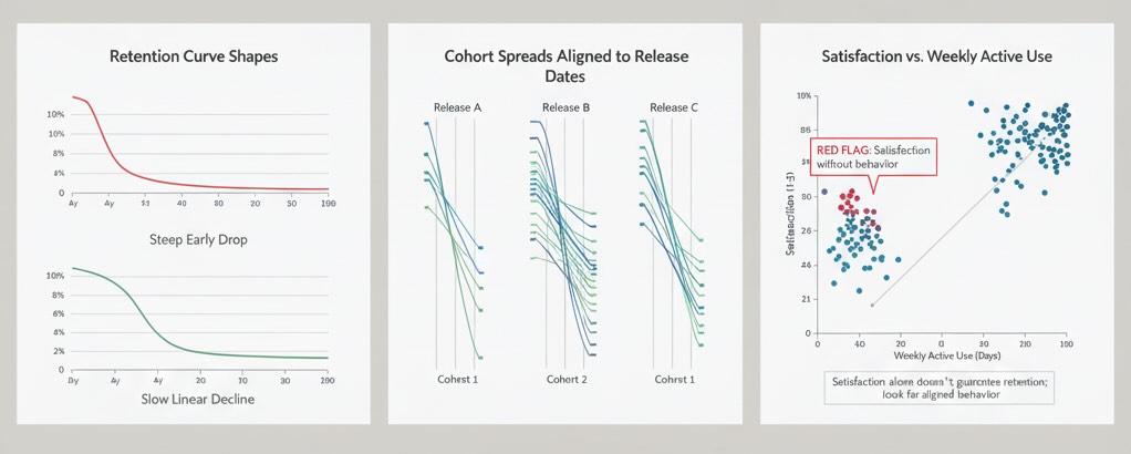 Diagnostics panels: curve shapes, cohort spreads, and satisfaction vs behavior