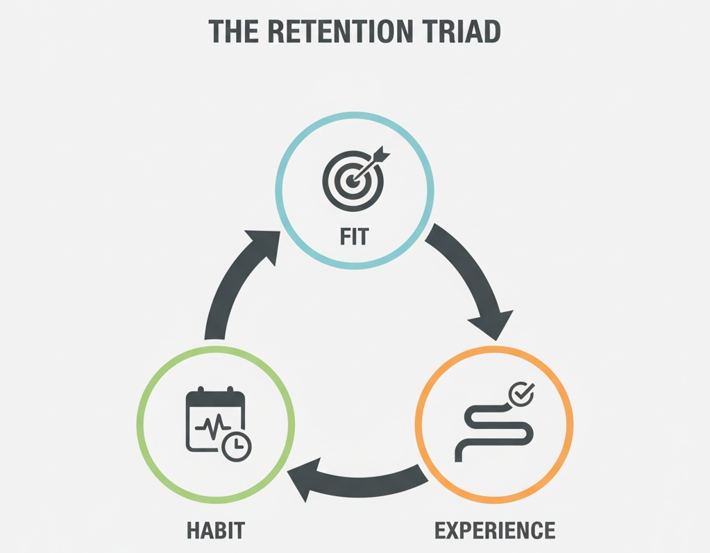 Triad diagram of Fit, Habit, and Experience as pillars of retention
