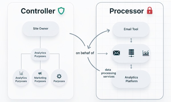 Side-by-side panels showing controller decisions and processors acting on behalf