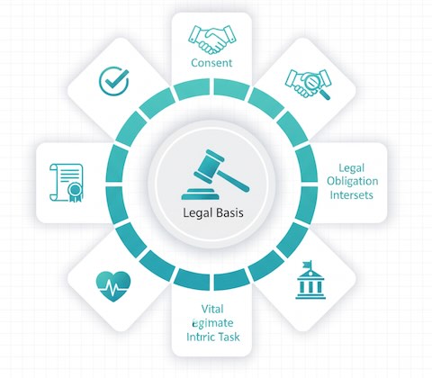 Six-segment wheel of lawful bases represented by icons