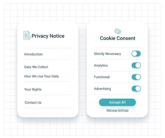 Side-by-side privacy policy page and cookie banner with toggles