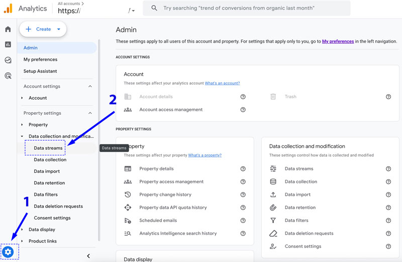 Google Analytics 4 admin panel showing Data streams location