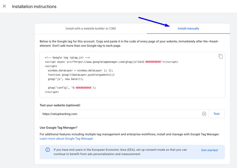GA4 tracking code displayed in tagging instructions with copy button