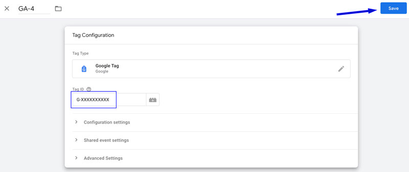 GTM Google Tag configuration showing Tag ID field with GA4 Measurement ID