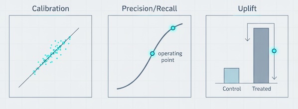Reliability line, PR curve, and uplift bars in blueprint style