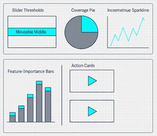 Blueprint dashboard with thresholds, coverage, lift, feature importance, and actions
