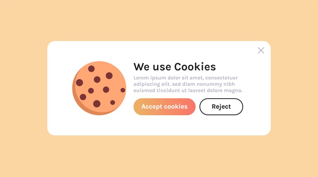 Cookie consent banner with Accept and Reject buttons in flat orange illustration style