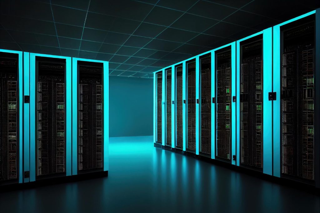 Dark self-hosted server room with cyan glow on rack columns
