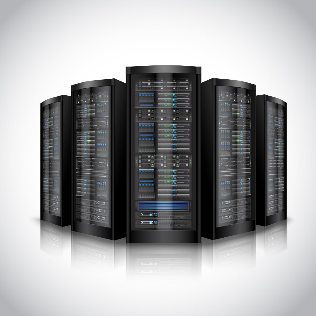 Server rack cluster representing self-hosted Matomo ecommerce tracking infrastructure