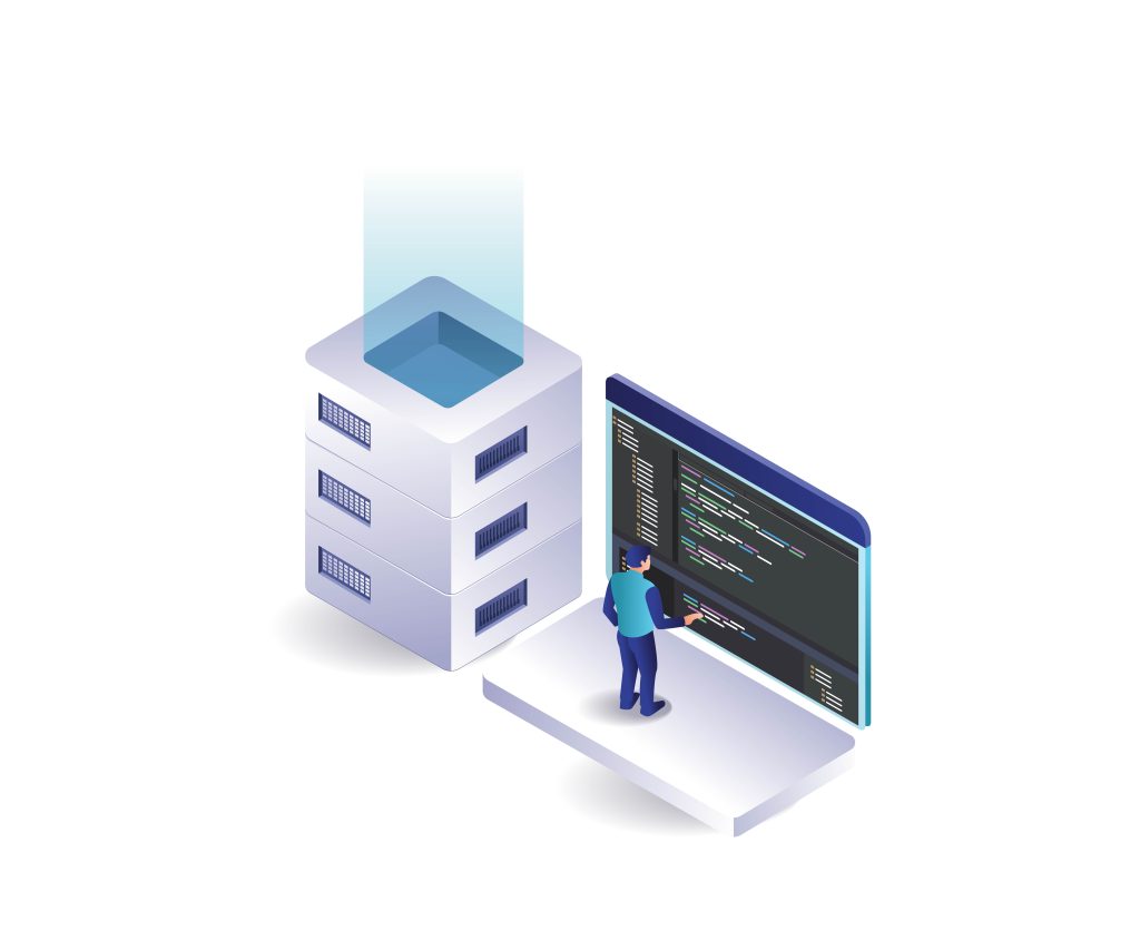 Isometric illustration of coder at server with code editor monitor on platform