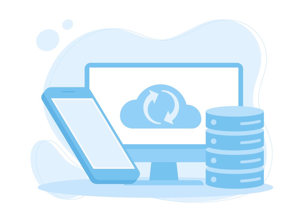 Light blue flat illustration of monitor with cloud sync icon phone and database stack