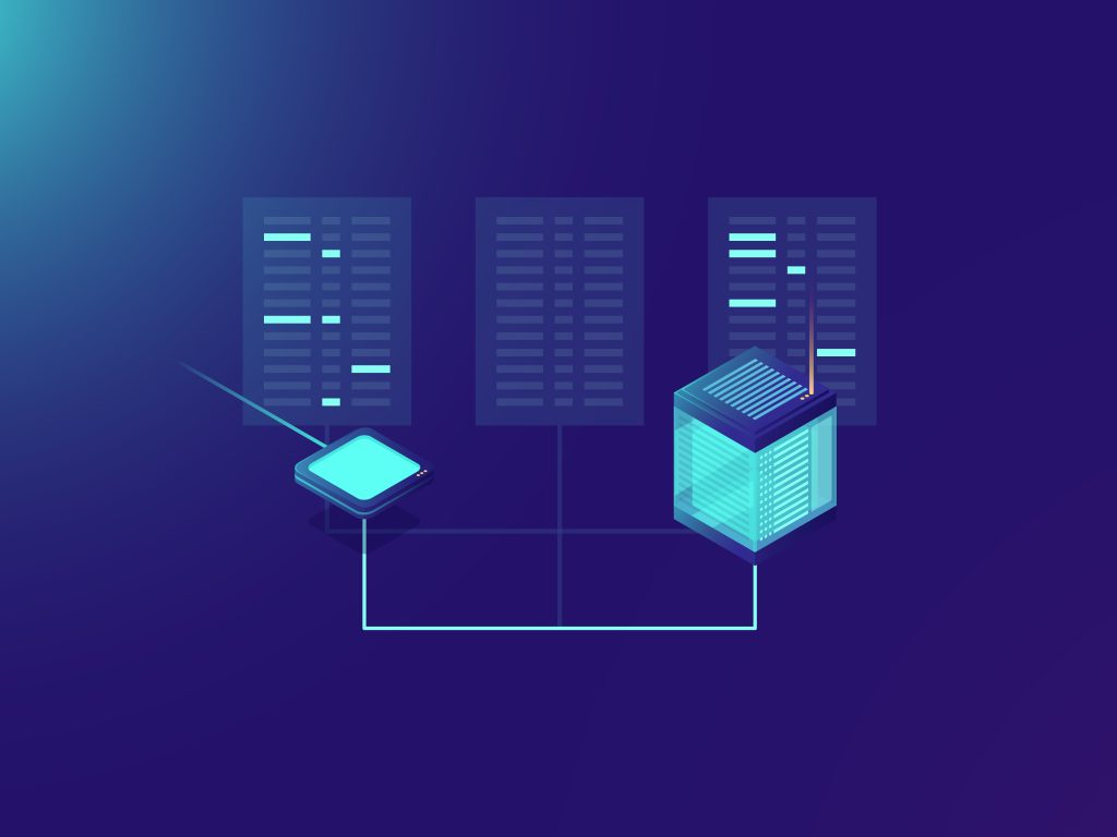 Isometric purple server racks with neon blue connections and processor