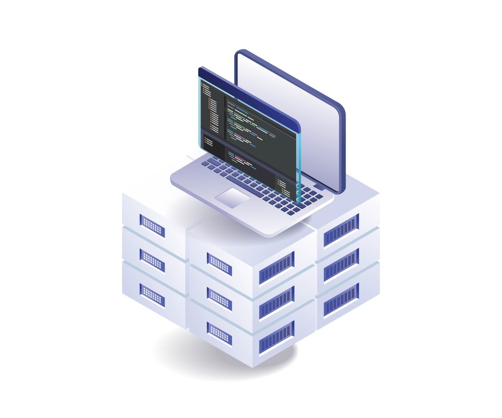 Isometric illustration of laptop with code editor sitting on stack of servers